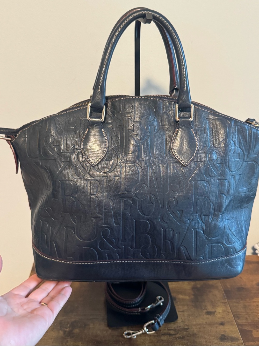 Dooney & Bourke Navy Embossed Leather Satchel with Removable Strap - Picture 5 of 12